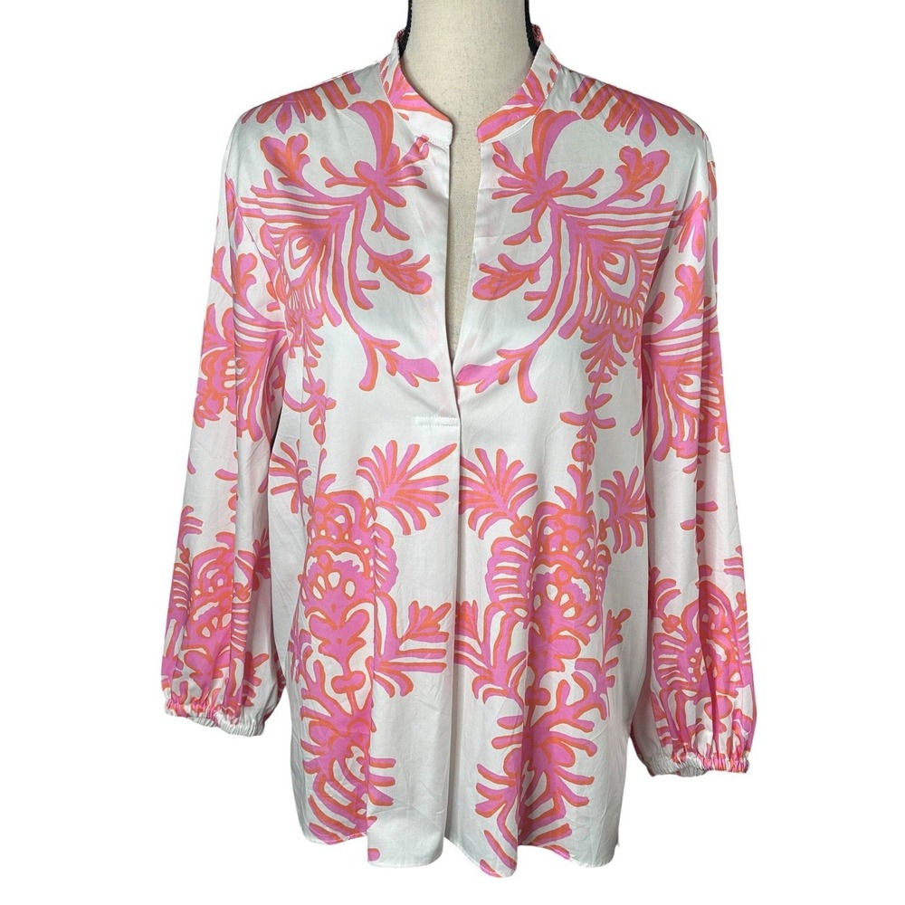 Patty Kim Blouse‎ Size Large Print Pink &White Cotton V-Neck Puff Sleeves Blouse